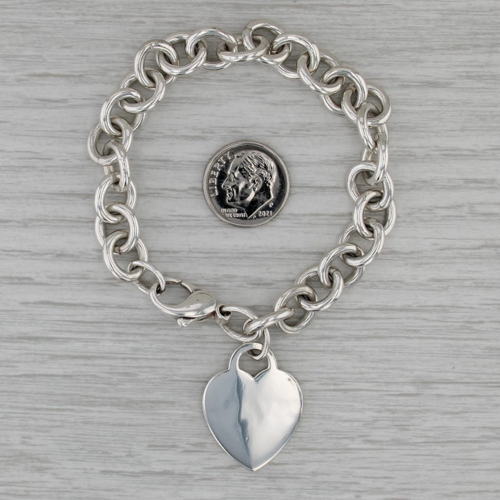 Tiffany & Co Engravable Heart Charm Bracelet Sterling Silver 6.75" Cable Chain