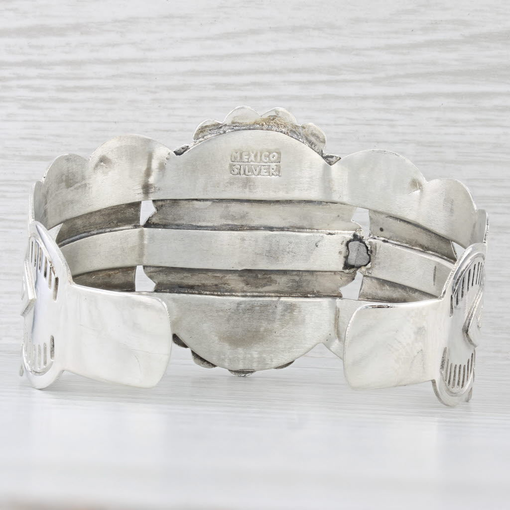 Light Gray Black Obsidian Sterling Silver Cuff Bracelet Stamped Pattern Mexico 7.25"
