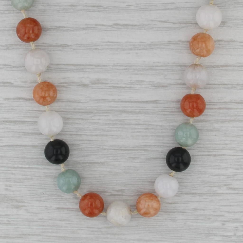 Chinese Jadeite Jade Ornamental Stone Bead Strand Necklace Sterling Silver 25.5"