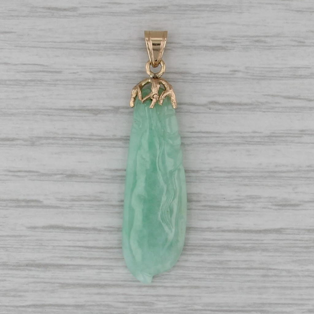 Green Jadeite Jade Carved Drop Pendant 14k Yellow Gold