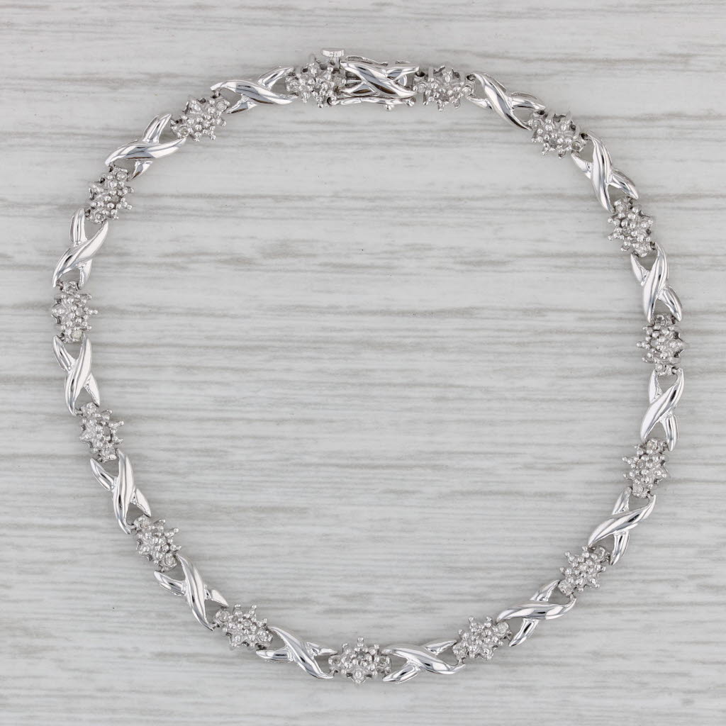 Gray 0.13ctw Diamond Cluster X Link Bracelet 10k White Gold 7" 5mm