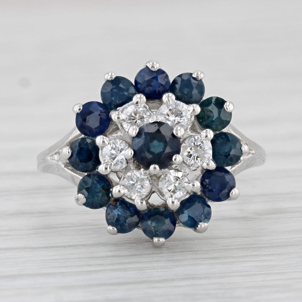 Light Gray 2.27ctw Blue Sapphire Diamond Halo Flower Ring 14k White Gold Size 6.5 Cluster
