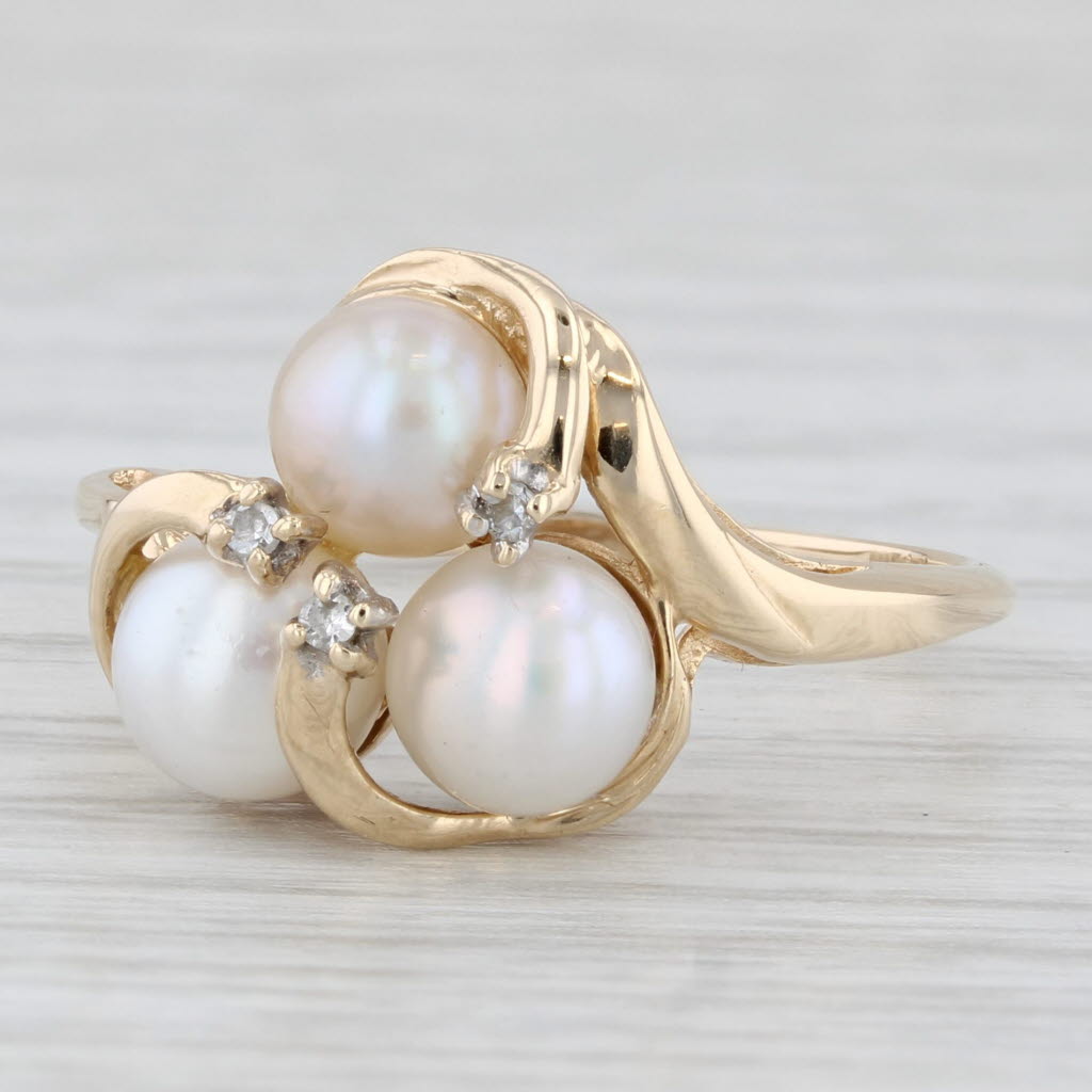 Light Gray Cultured Pearl 3-Stone Diamond Ring 10k Yellow Gold Size 7.5