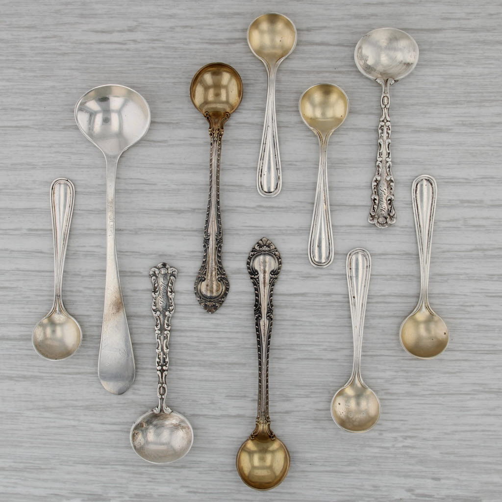Vintage 10 Salt Spoons Sterling Silver Gorham Mechanics Watson Lunt Gold Wash
