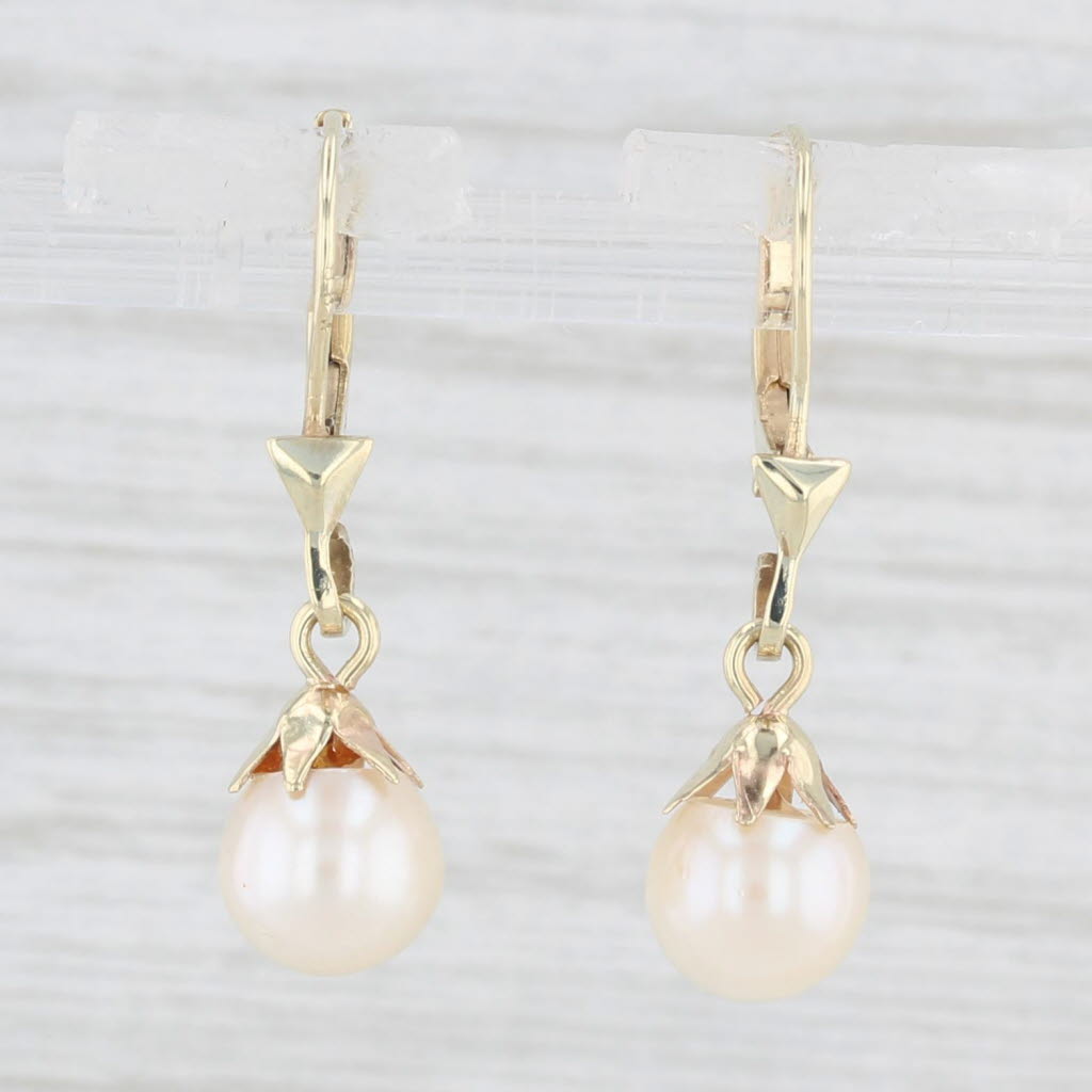 Light Gray Vintage Cultured Pearl Dangle Earrings 14k Yellow Gold Lever Backs