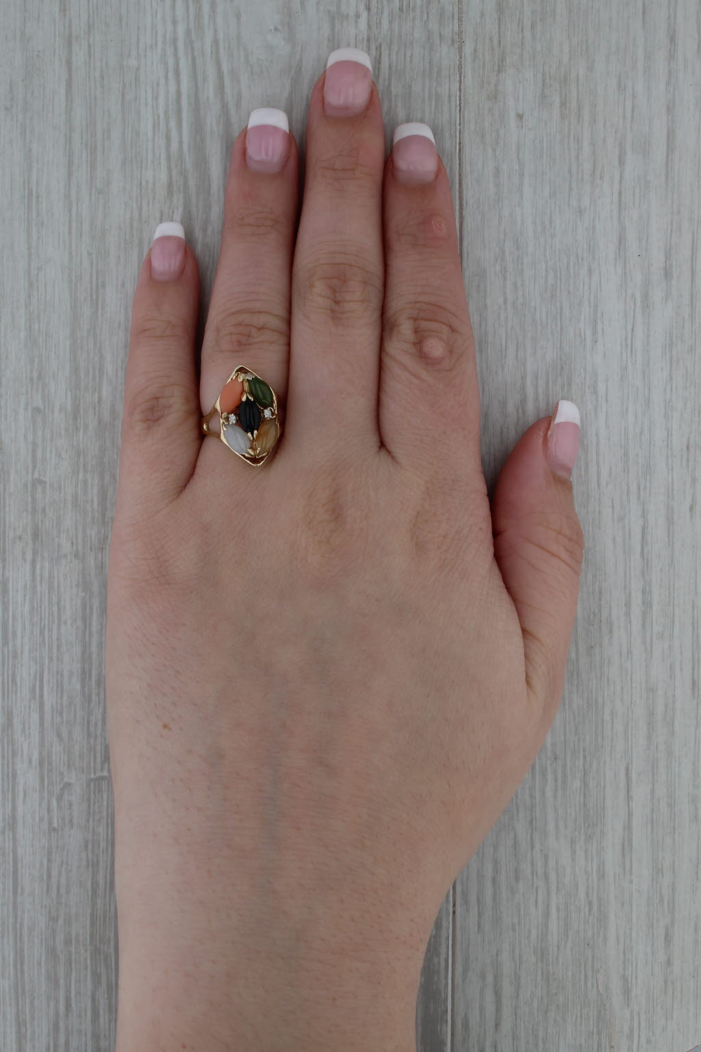 Coral Jade Cabochons Cluster Ring 14k Yellow Gold Size 6 Diamond Accents