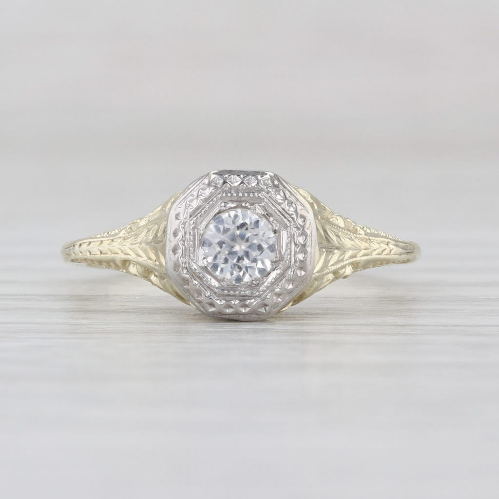 Lab Created White Sapphire Engagement Ring 14k White Yellow Gold Vintage Style