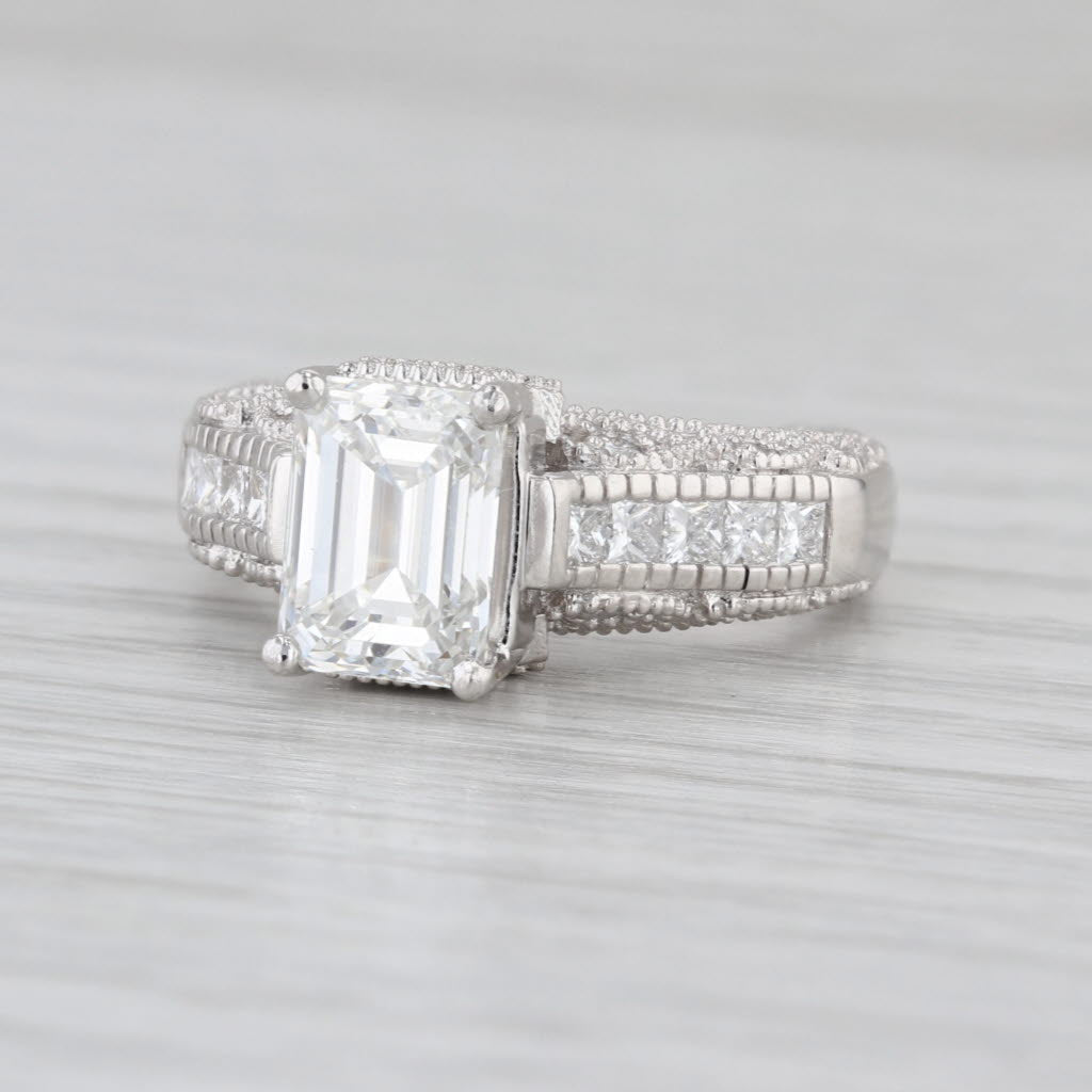 GIA 2.96ctw Emerald Diamond Ornate Diamond Engagement Ring Platinum Size 6.5