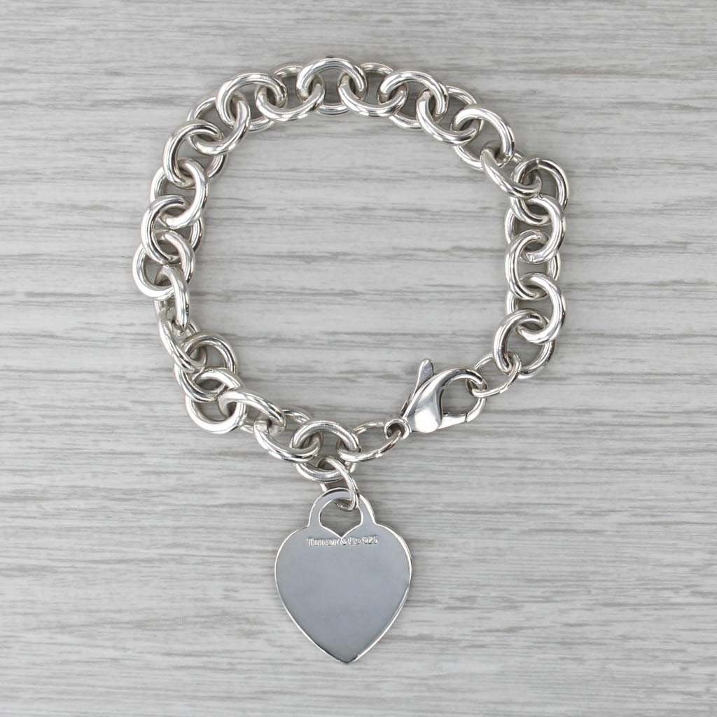 Engravable Tiffany Heart ID Tag Charm Bracelet Sterling Silver 7" Cable Chain