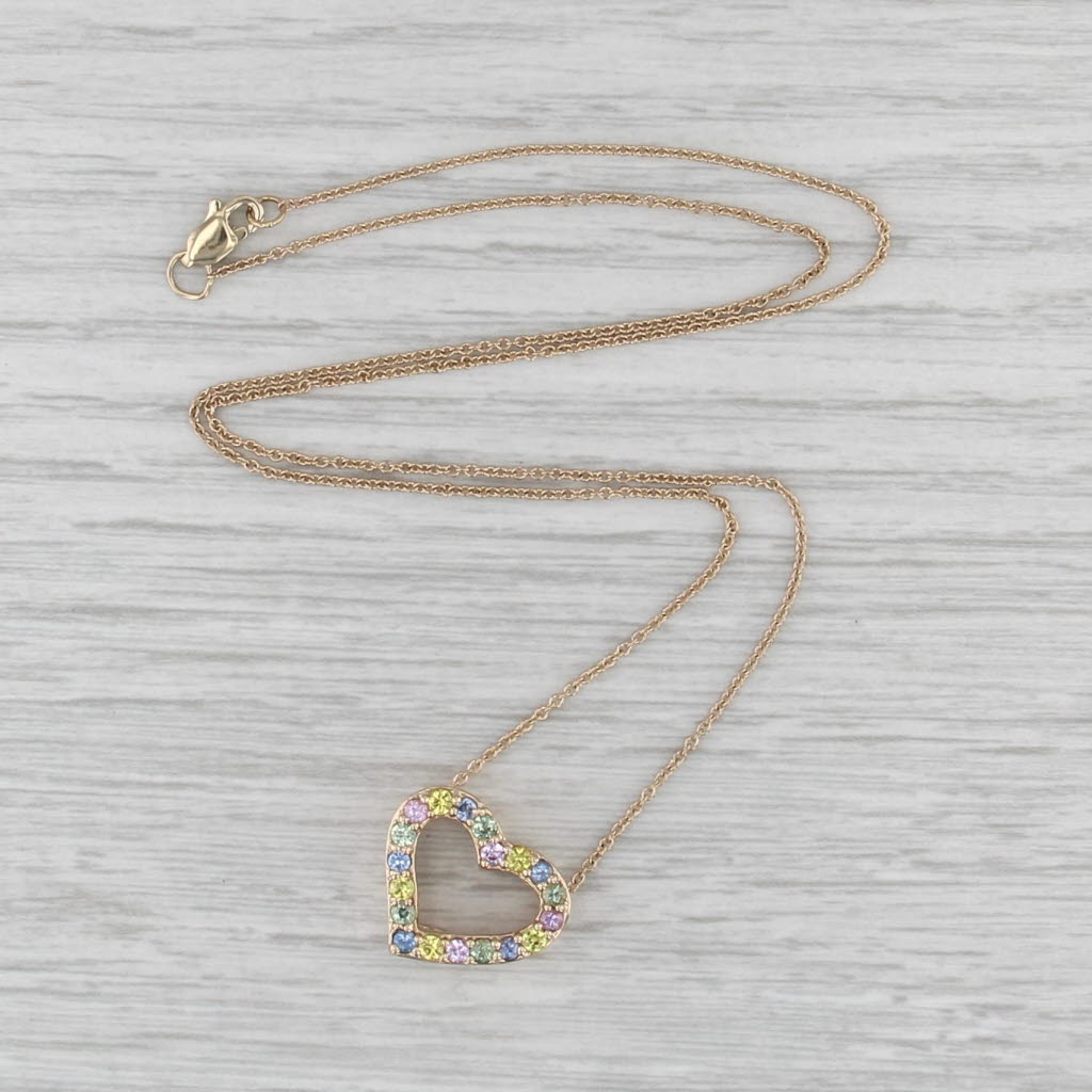 0.75ctw Multicolor Sapphire Heart Pendant Necklace 14k Gold 17" Cable Chain