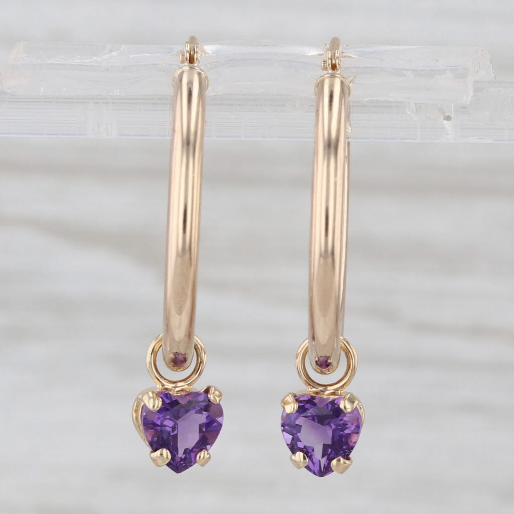 Hoop Earrings with changeable Amethyst Charms 14k Yellow Gold Round Hoops