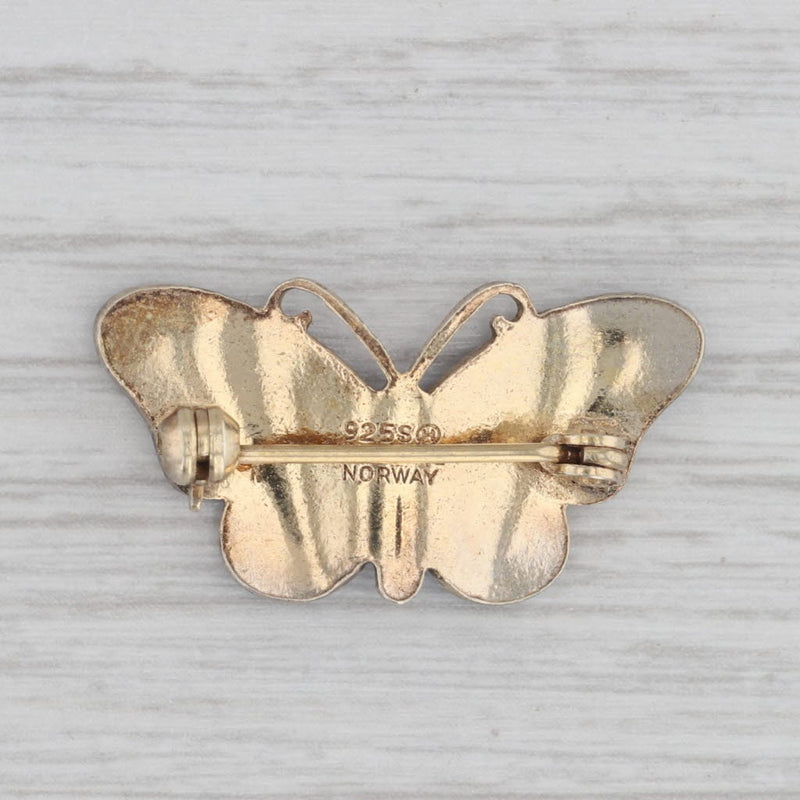Vintage Guilloche Enamel Butterfly Brooch Sterling Silver Gold Gilt Norway Pin
