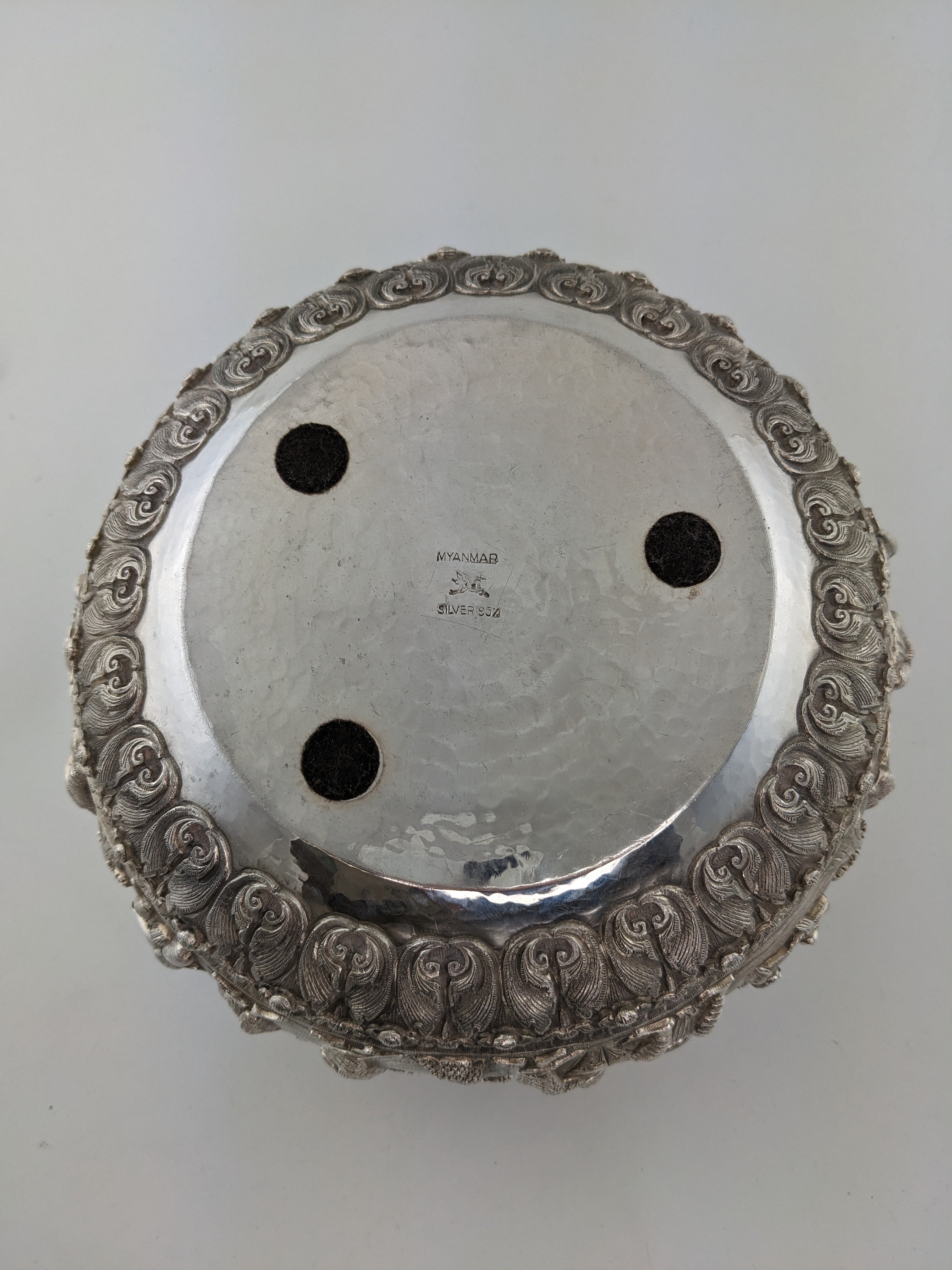 Dark Gray Vintage Figural 950 Silver Large Bowl Repousse Myanmar Burma Handmade Asian