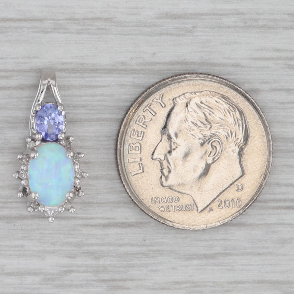 Gray Lab Created Opal Diamond Tanzanite Pendant 10k White Gold Small Drop