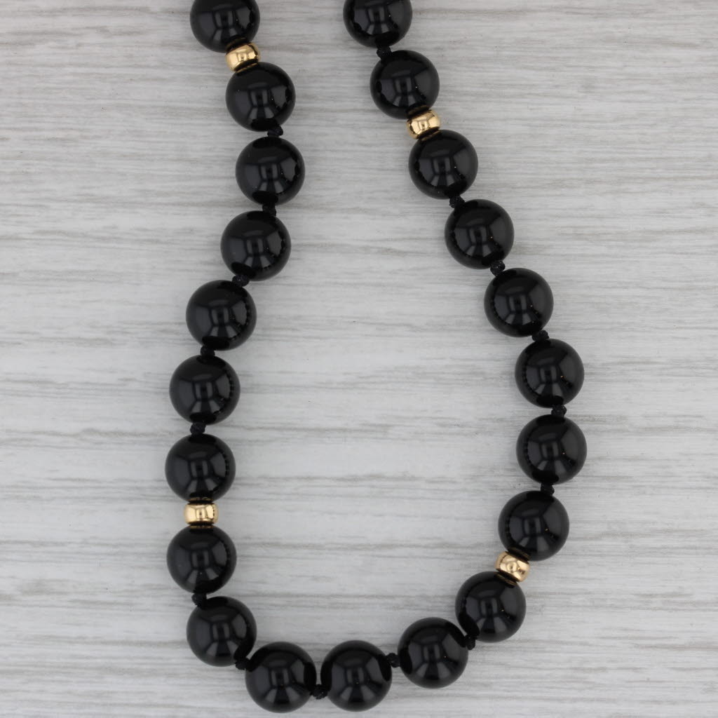 Gray Black Onyx Bead Single Strand Necklace 27" 14k Yellow Gold 8 mm