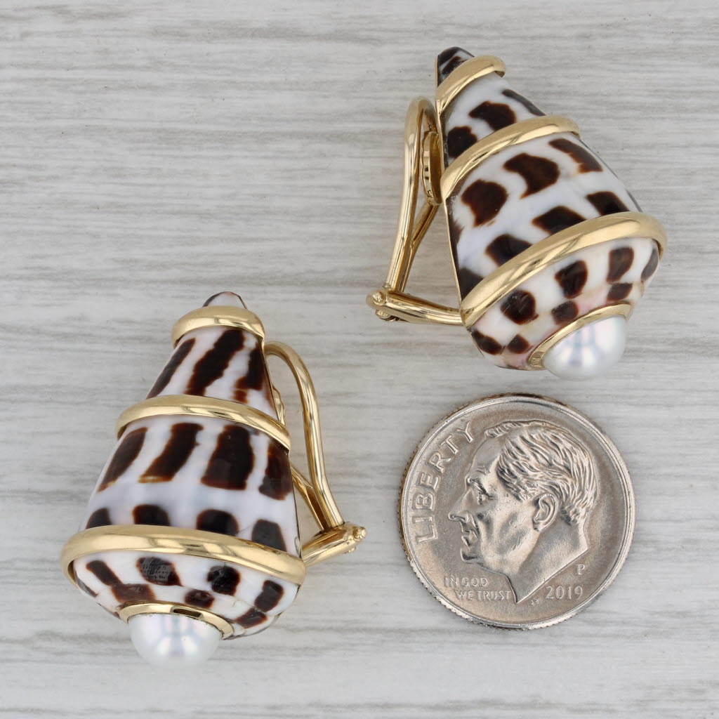 Gray Conch Shell Pearl Earrings Trianon 36038 Conus Ebraus 18k Gold Leopard Print