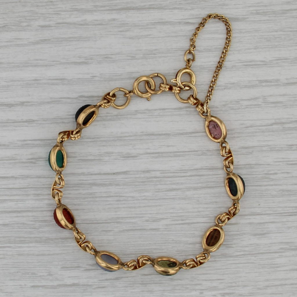 Vintage Carved Scarab Stone Bracelet Gold Filled Tigers Eye Chalcedony Carnelian