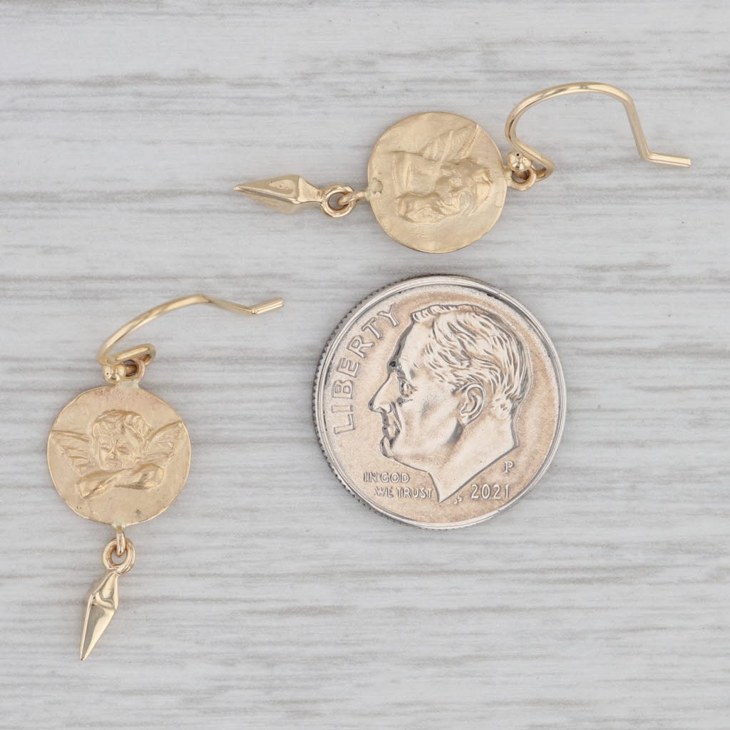 Gray Cherub Coin Dangle Earrings 14k Yellow Gold Hook Posts