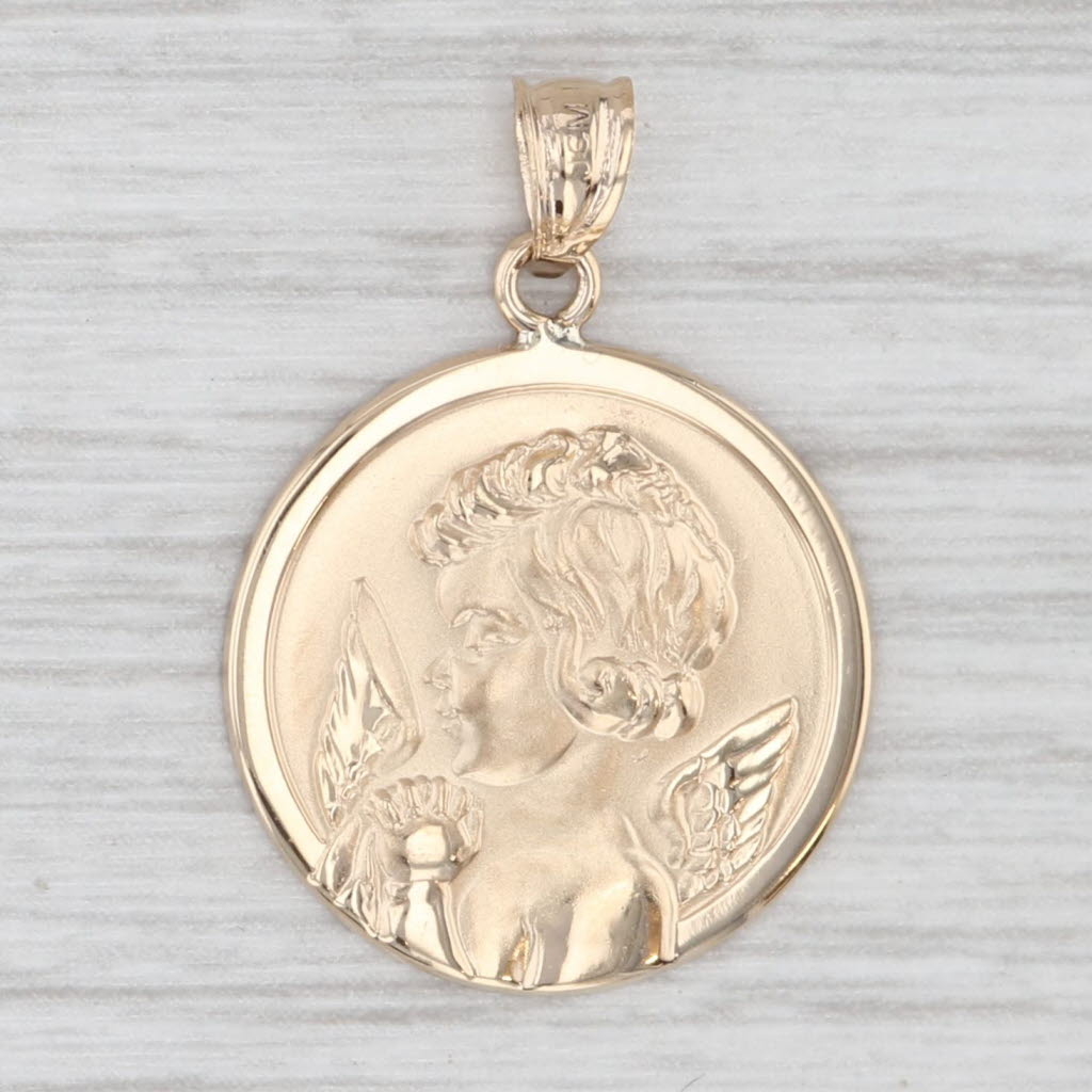 Light Gray Guardian Angel Pendant 14k Yellow Gold Prayer Protection Token Cherub