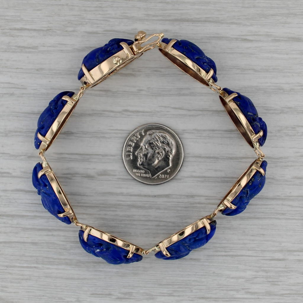 Ornate Carved Oval Cabochon Lapis Lazuli Bracelet 14k Yellow Gold 6.75" 14.4mm