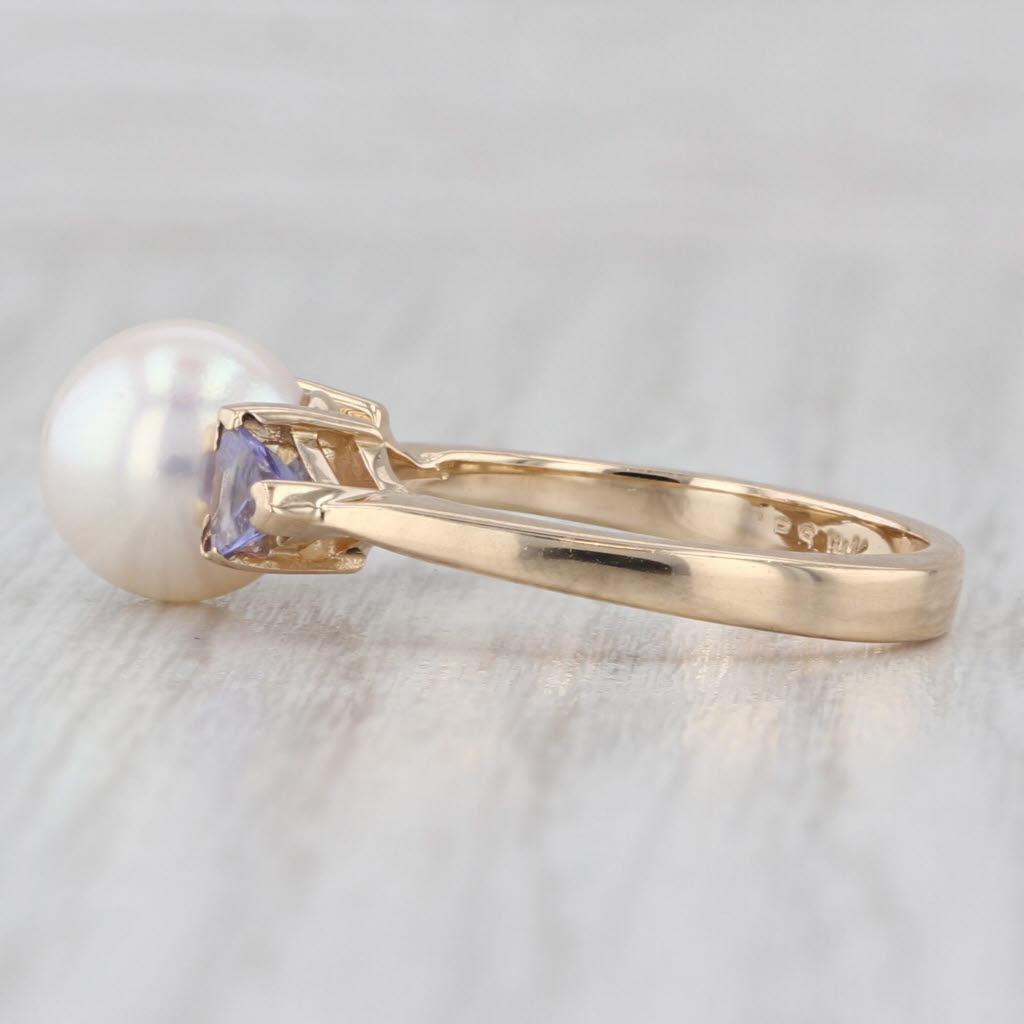 Light Gray 0.44ctw Tanzanite Cultured Pearl Ring 14k Yellow Gold Size Euro Shank Size 6.75