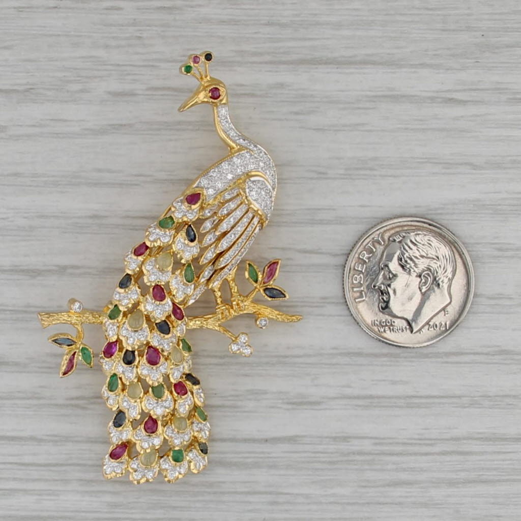 2.78ctw Gemstone Peacock Brooch 18k Gold Pin Diamond Ruby Emerald Sapphire