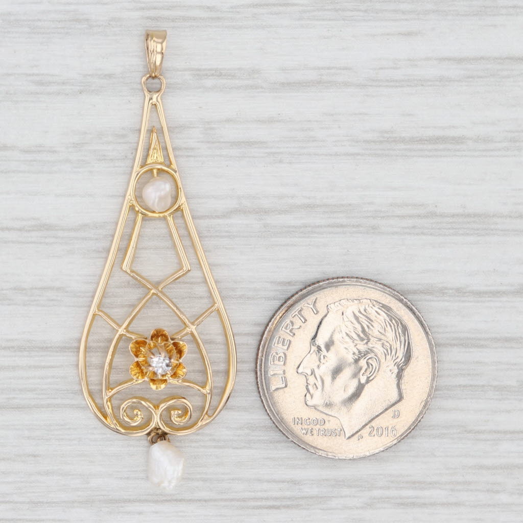 Light Gray Art Deco Baroque Pearl Diamond Lavalier Pendant 10k Yellow Gold Ornate Teardrop