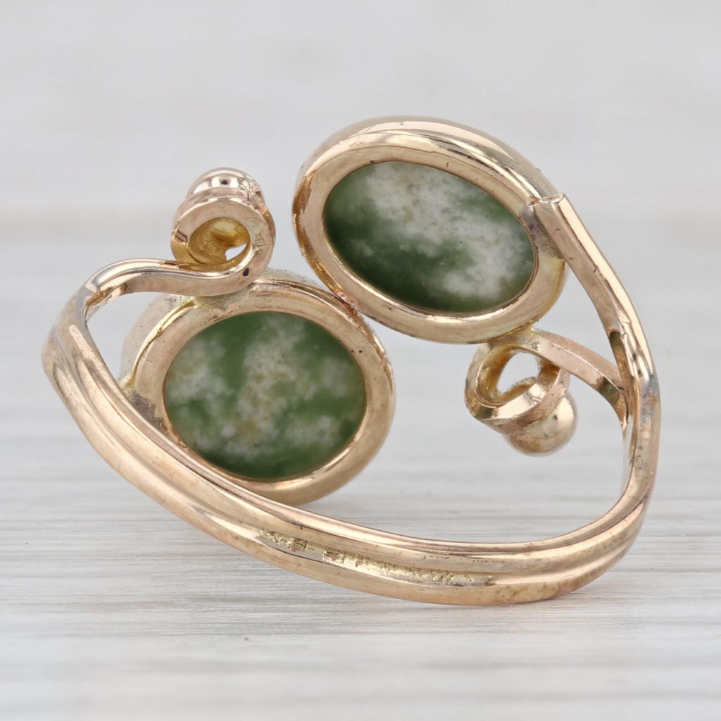 Light Gray Vintage Nephrite Jade Cabochon Bypass Ring 12k Yellow Gold Filled Adjustable