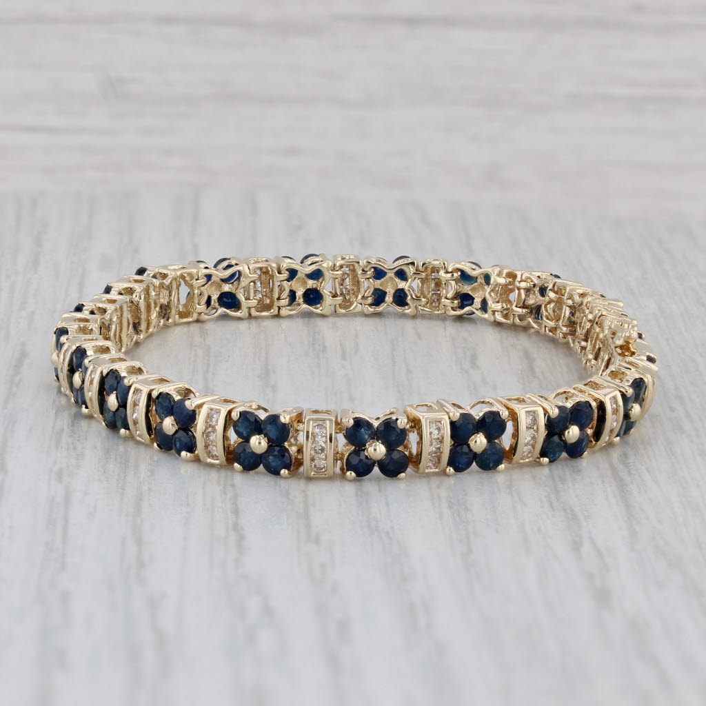 Gray 5.49ctw Blue Sapphire Flower Diamond Tennis Bracelet 14k Yellow Gold 6.75"