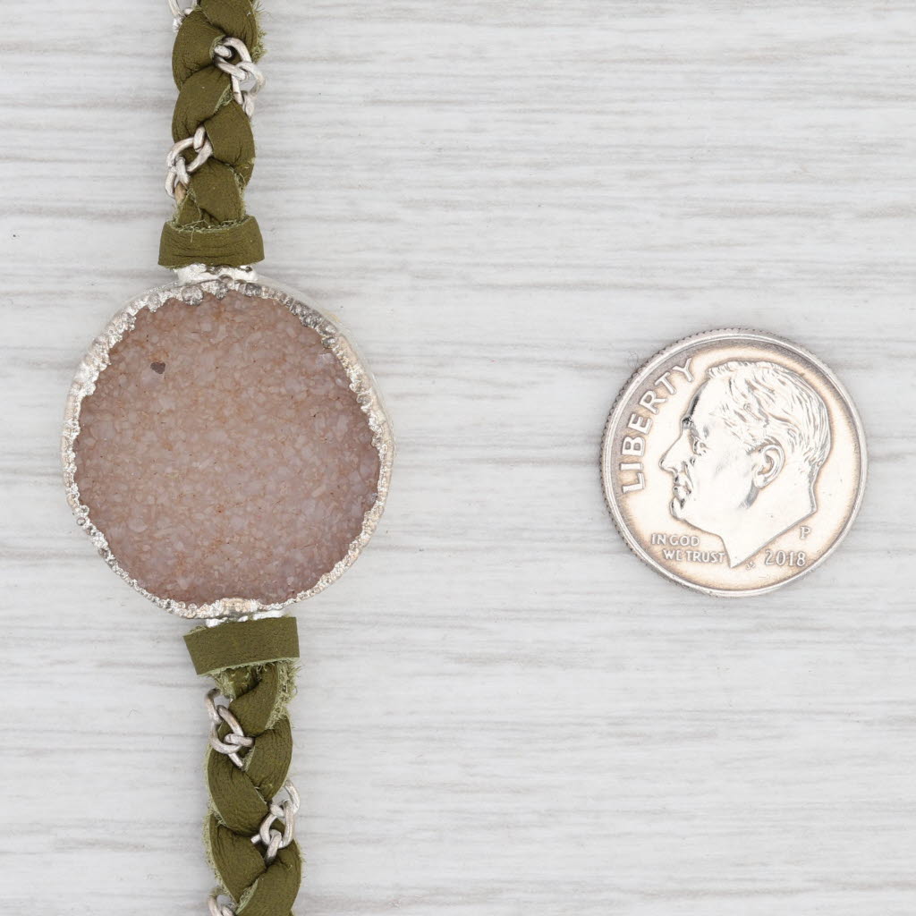 New Nina Wynn Cordelia Woven Green Leather Necklace White Druzy Quartz Pendant