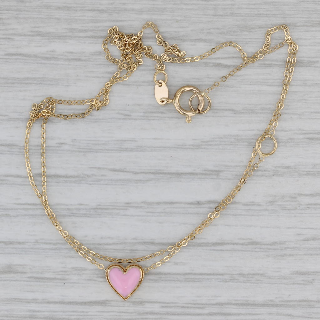 Gray Pink Enamel Heart Pendant Necklace 16" 18" Cable Chain 14k Yellow Gold