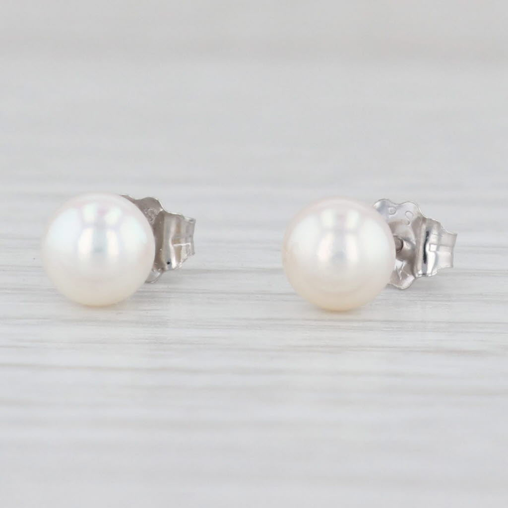 Light Gray New Cultured Pearl Stud Earrings 14k Yellow Gold 5.4mm Round Bead Solitaires
