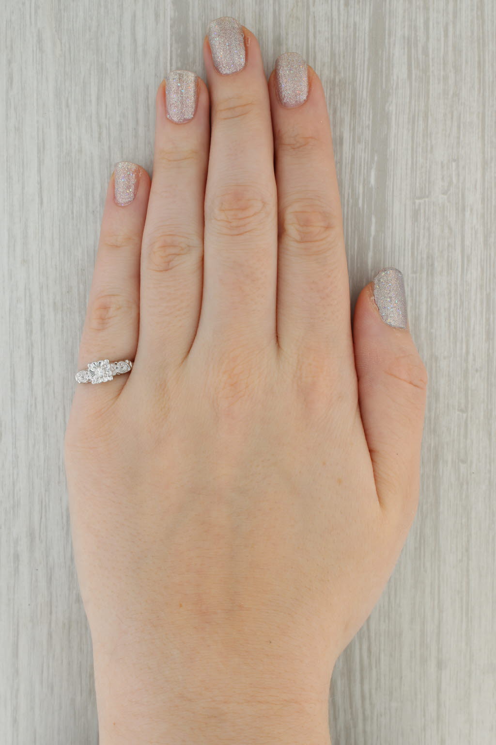 Dark Gray Vintage Diamond Engagement Ring 14k White Gold Size 5.75 Heart Accents