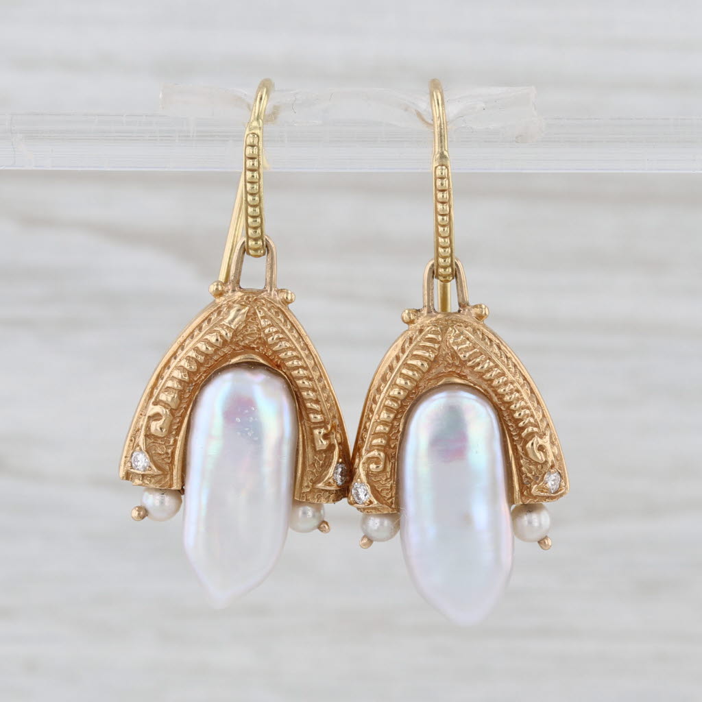 Cultured Baroque Pearl Diamond Dangle Earrings Artisan Signed Hook Posts
