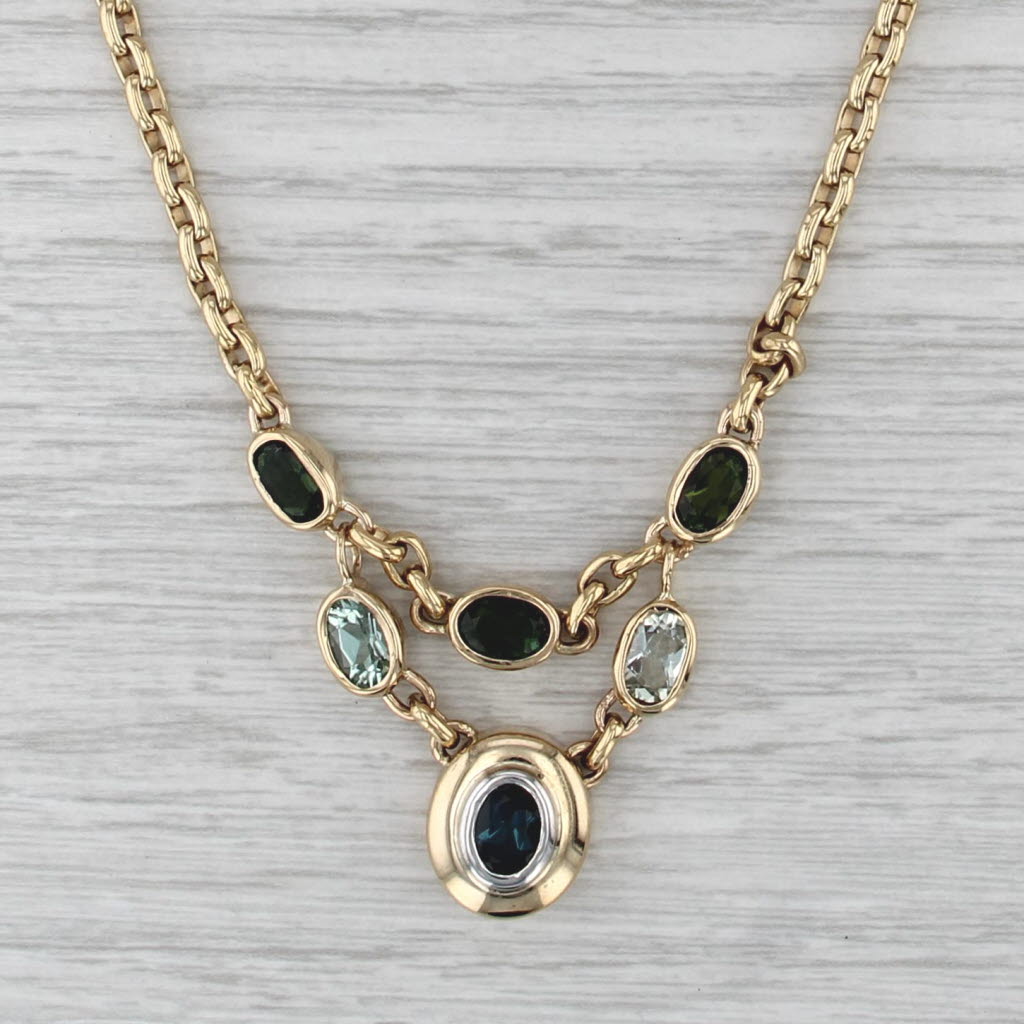 Blue Topaz Green Tourmaline Lariat Necklace 18k 14k Gold 18.25" Cable Chain