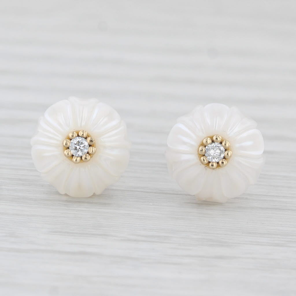 Light Gray New Cultured Pearl Carved Daisy Flower Diamond Stud Earrings 14k Gold Galatea