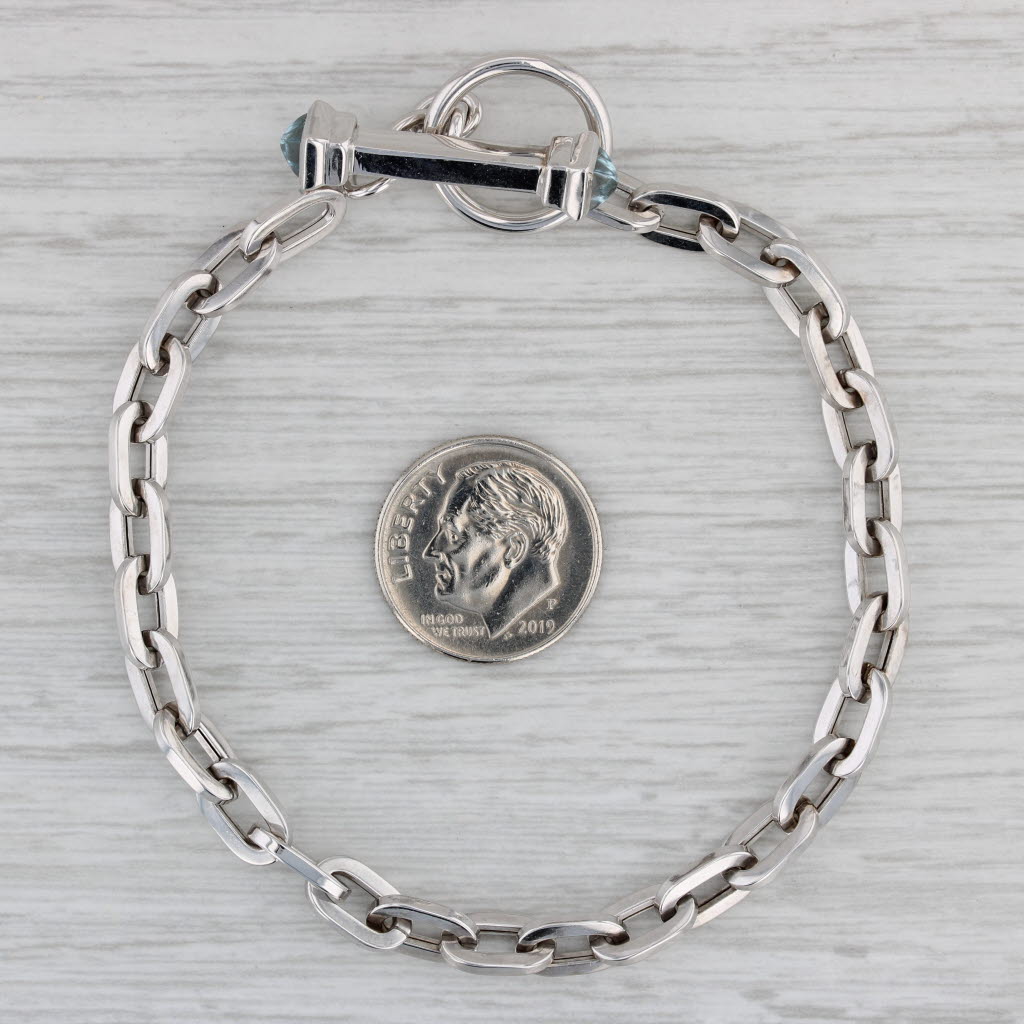 Gray Cable Chain Bracelet Blue Topaz Toggle Clasp 14k White Gold 7.5"