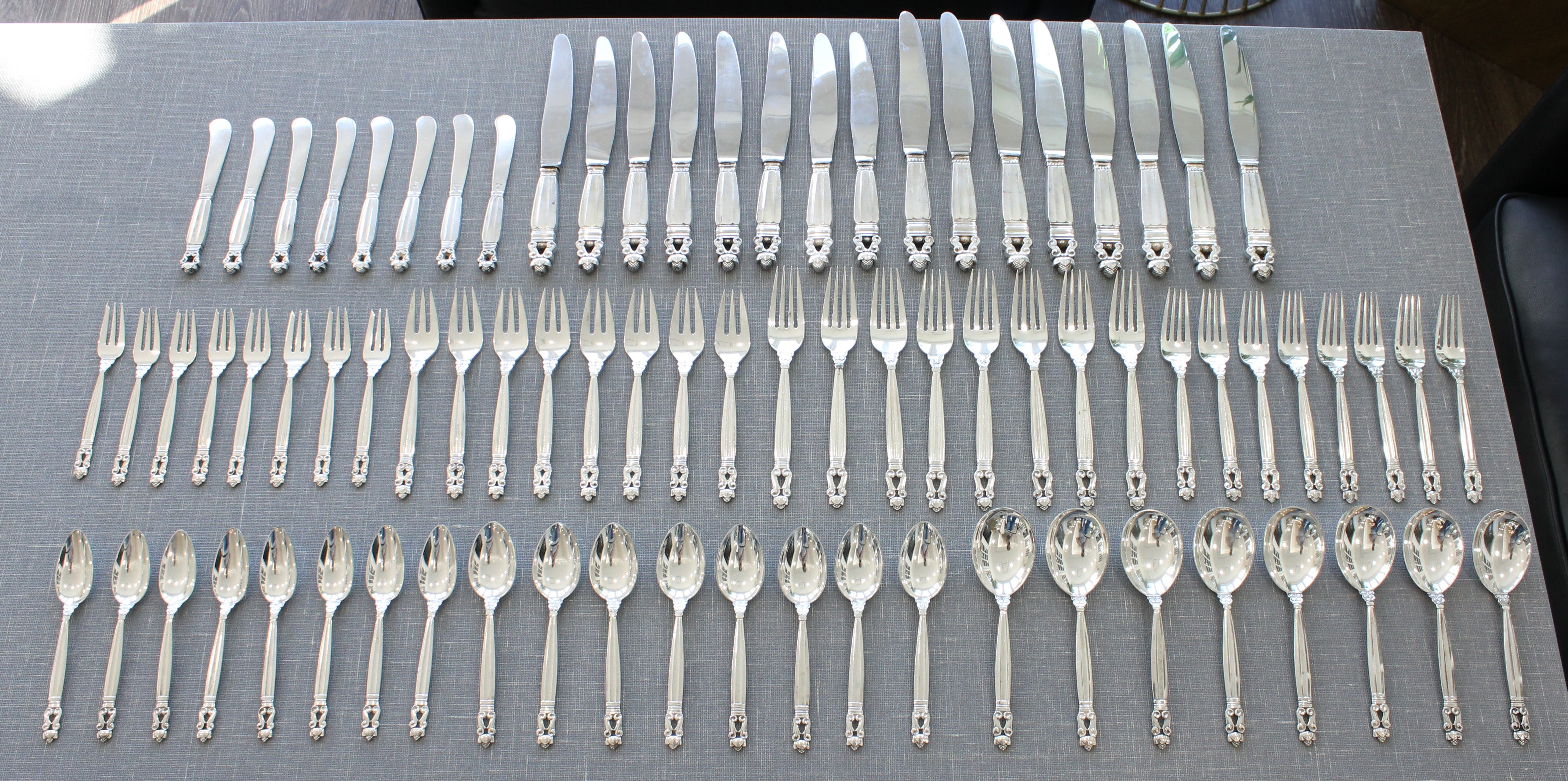 Light Slate Gray Georg Jensen Acorn Sterling Silver Flatware Set 10pc Service of 8 Danish Cutlery