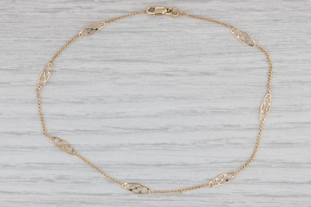 Gray Vintage Ankle Bracelet 14k Yellow Gold 10" 4mm Ornate link Curb Chain