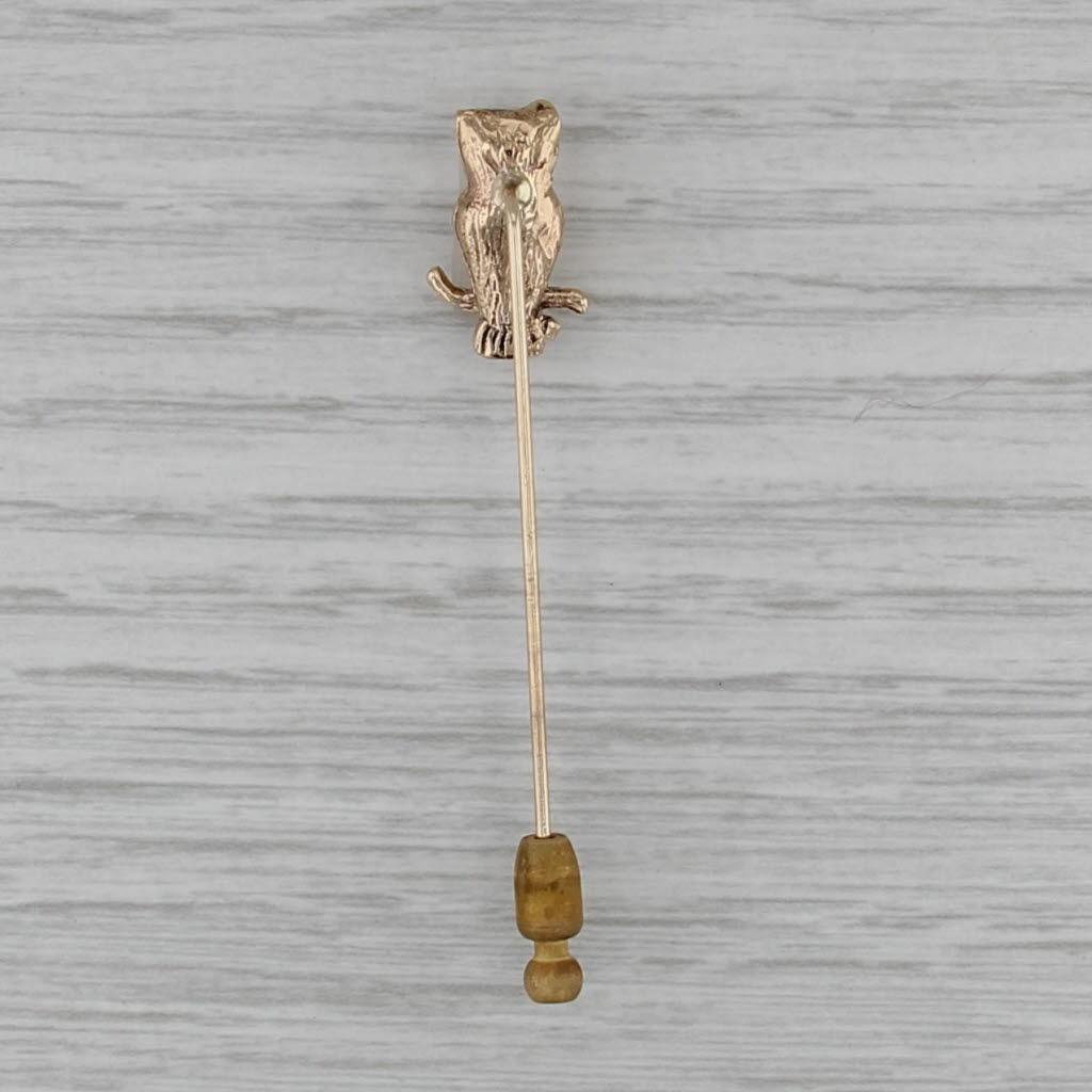 Vintage Owl Stickpin 14k Yellow Gold Emerald Eyes Pin