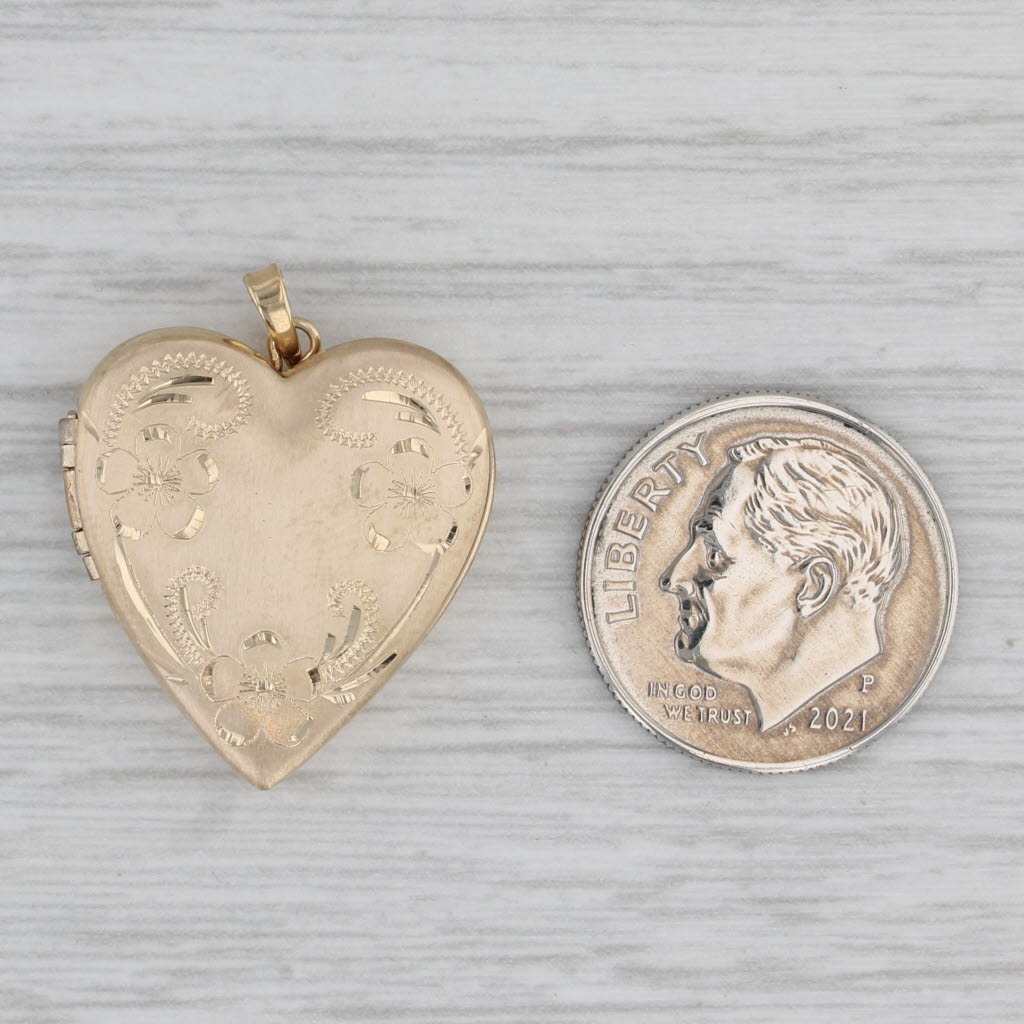 Gray Floral Engraved Heart Locket Pendant 14k Yellow Gold Engravable