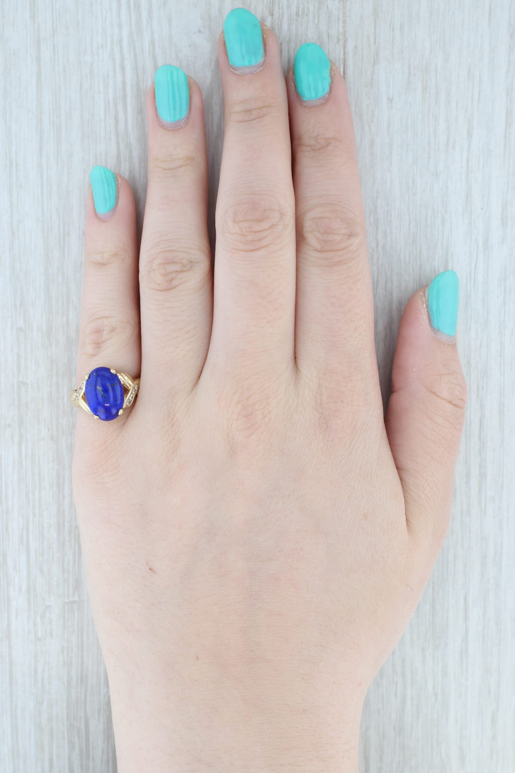 Light Gray Lapis Lazuli Diamond Ring 18k Yellow Gold Size 6.5 Oval Cabochons