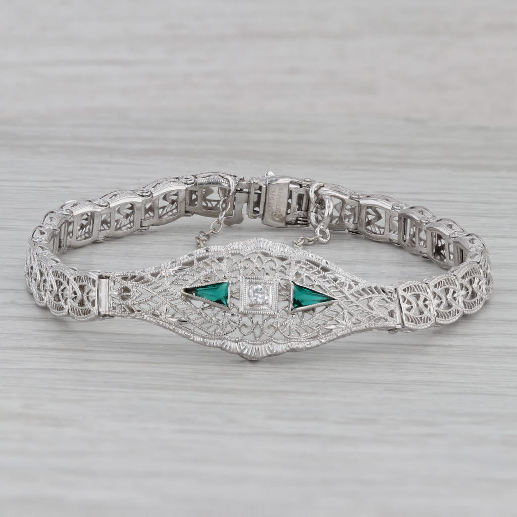 Gray Vintage Art Deco Filigree Diamond Bracelet 10k White Gold 7"