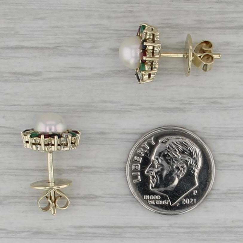 Cultured Pearl Gemstone Stud Earrings 14k Gold Ruby Emerald Sapphire Diamond