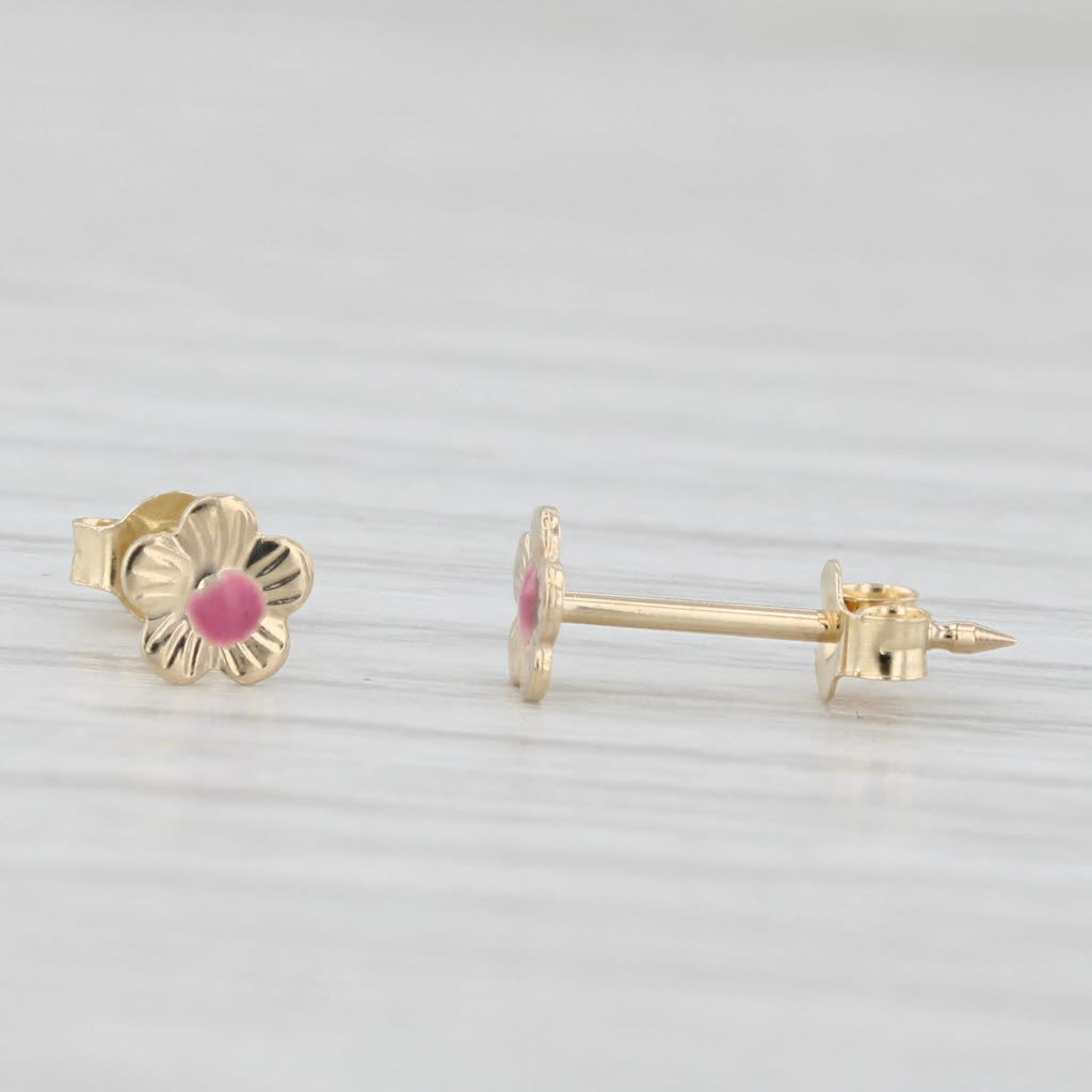 Light Gray Small Pink Enamel Flower Stud Earrings 14k Yellow Gold