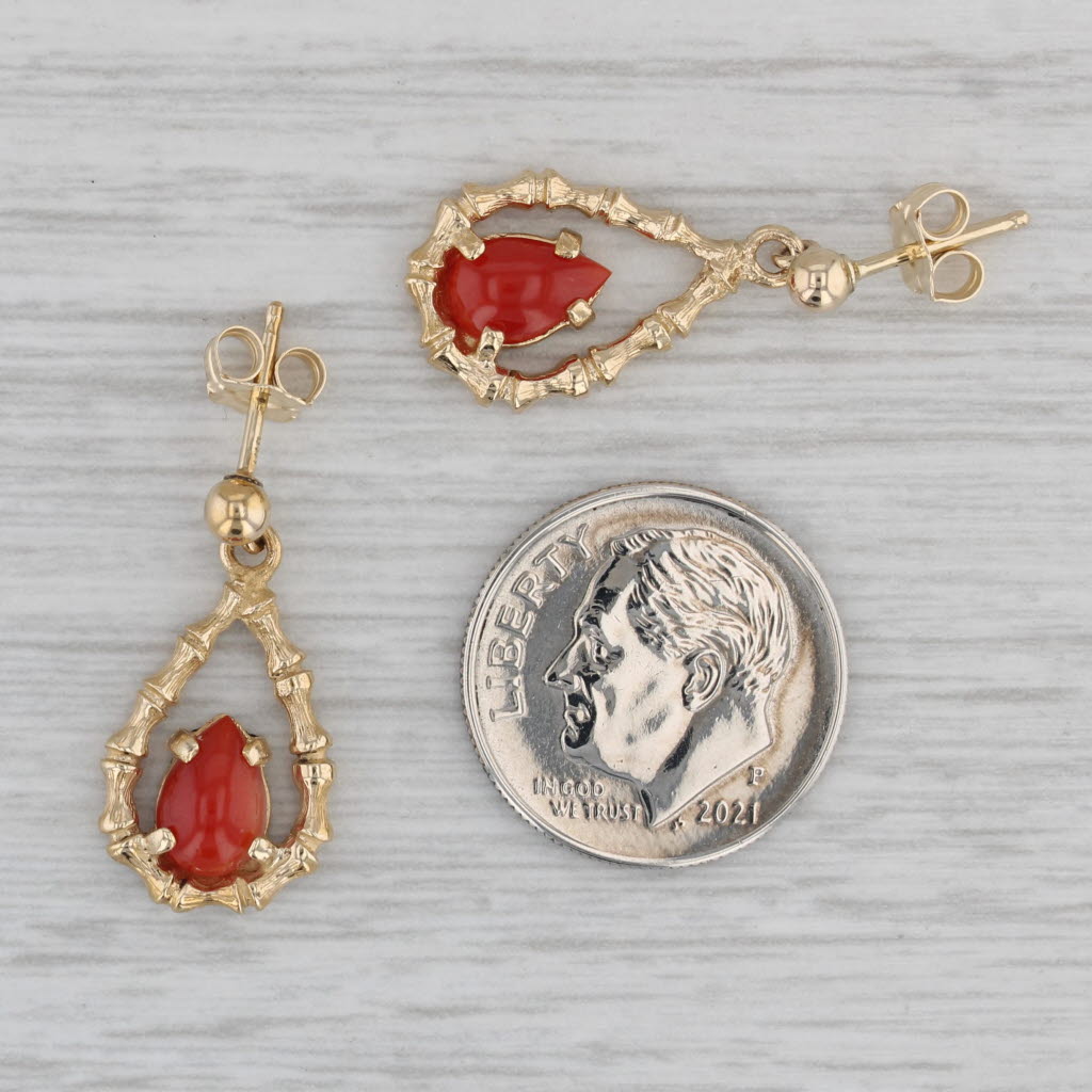 Gray Vintage Wells Coral Bamboo Teardrop Dangle Earrings 14k Gold Pierced Drops