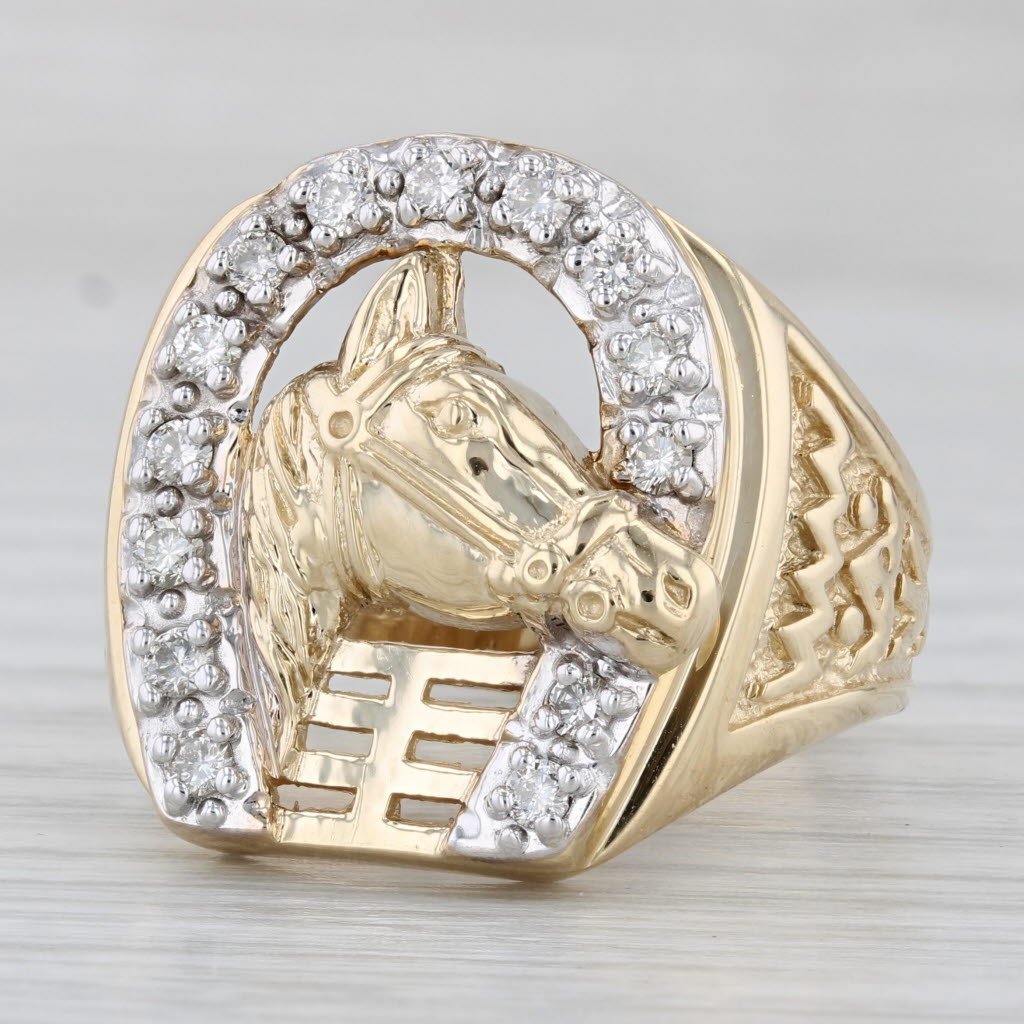Light Gray 0.47ctw Diamond Horseshoe Horse Ring 10k Yellow Gold Men's Western Equestrian