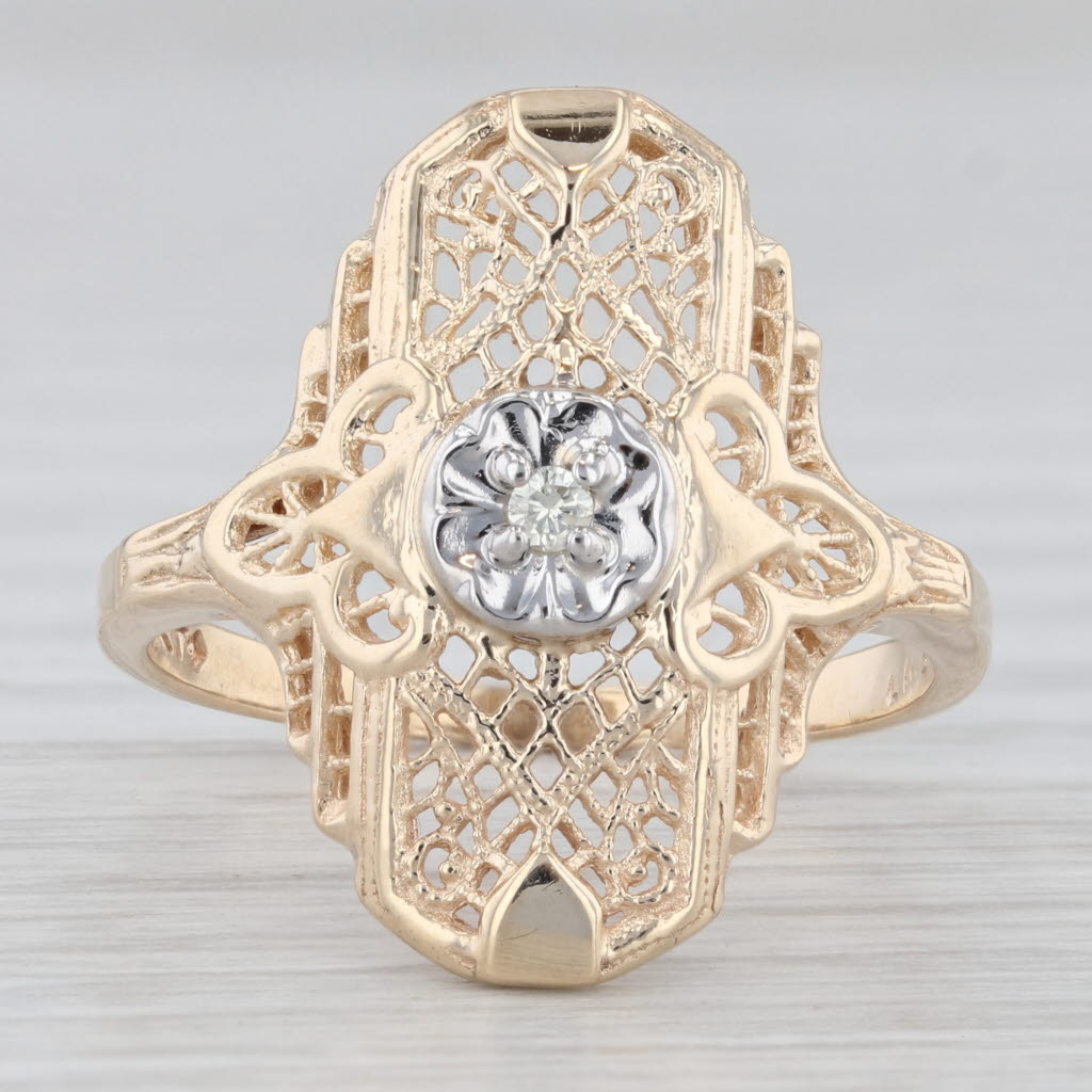 Light Gray Diamond Accented Filigree Ring 10k Yellow Gold Vintage Art Deco