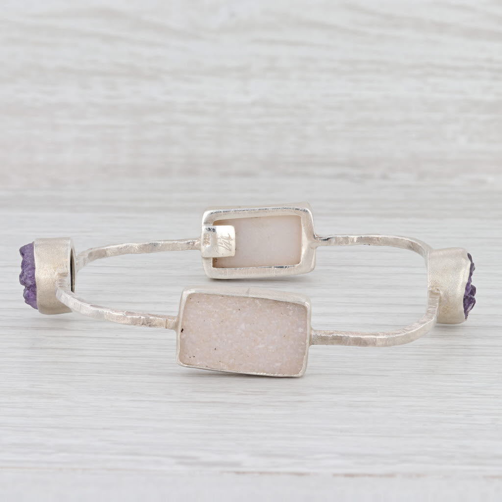 New Nina Nguyen Amethyst White Druzy Quartz Bangle Bracelet Sterling Silver 8”