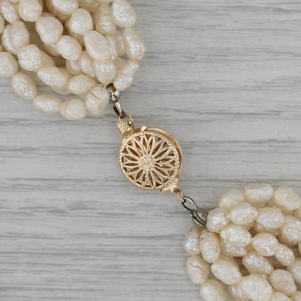 10-Strand Rice Krispie Pearl Twist Necklace 14k Yellow Gold Clasp 16"